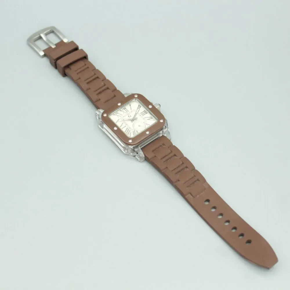 Gossip Unisex Watch Square Dial Brown Bezel Silicone Strap Transparent Case